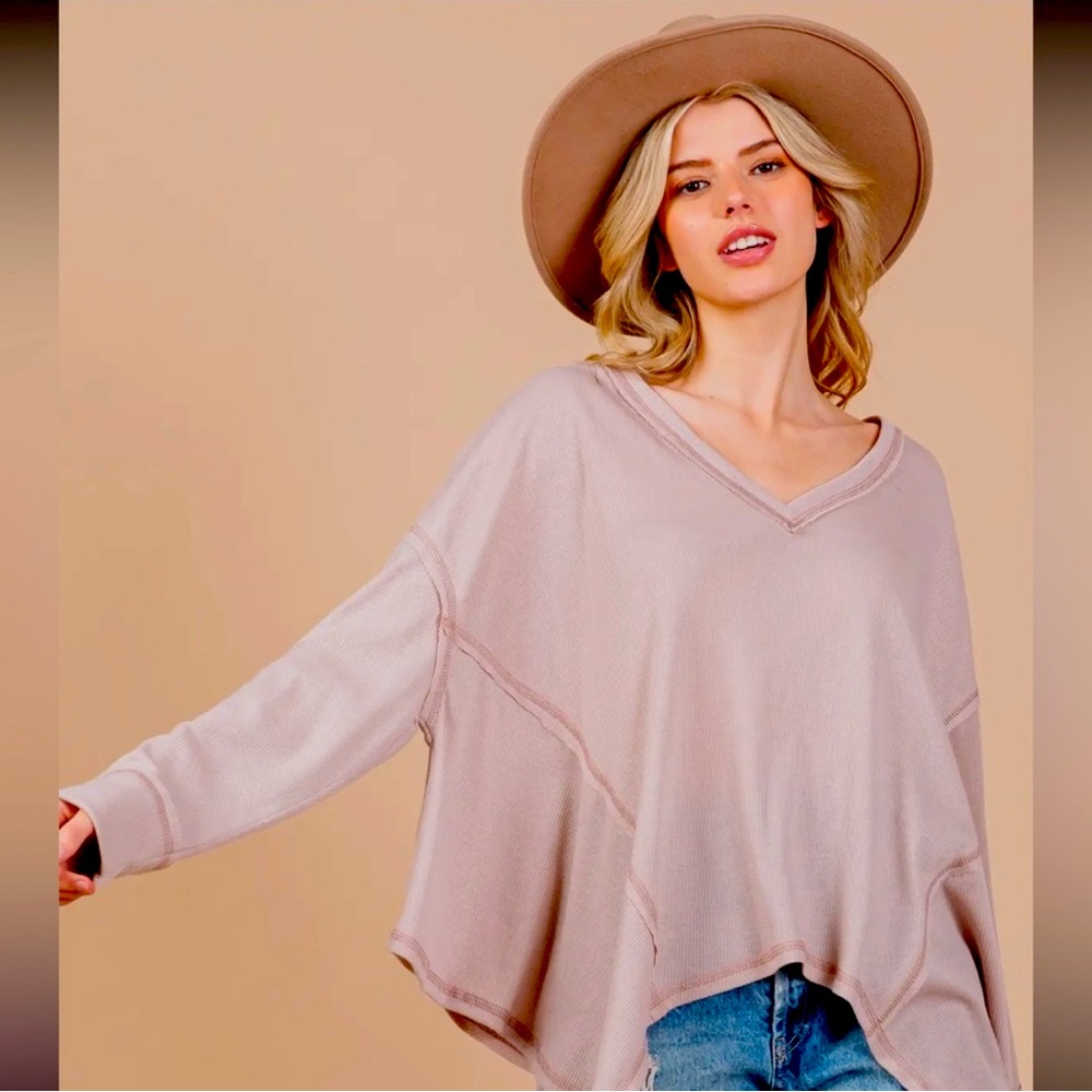 Knit Thermal V-neck Reverse st Oversized Casual top